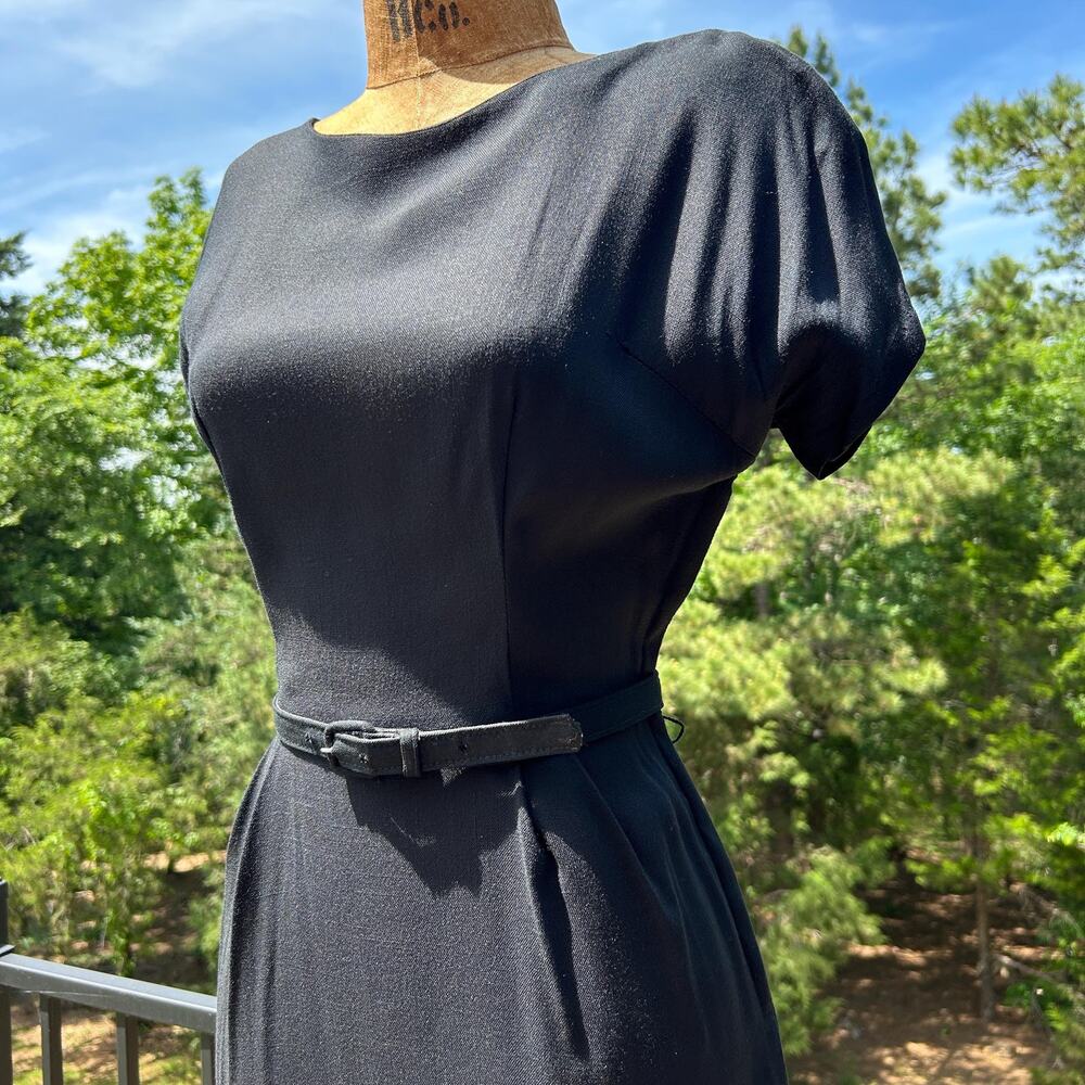 Vintage 50s Black Woven Rayon Metal Side Zip Wiggle Pencil Dress + Belt